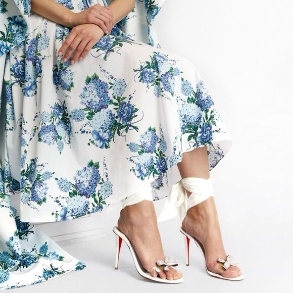 CHRISTIAN LOUBOUTIN Astrinodo Crystal Bow PVC White Sandal Size 38.5 Heel - Picture 3 of 16